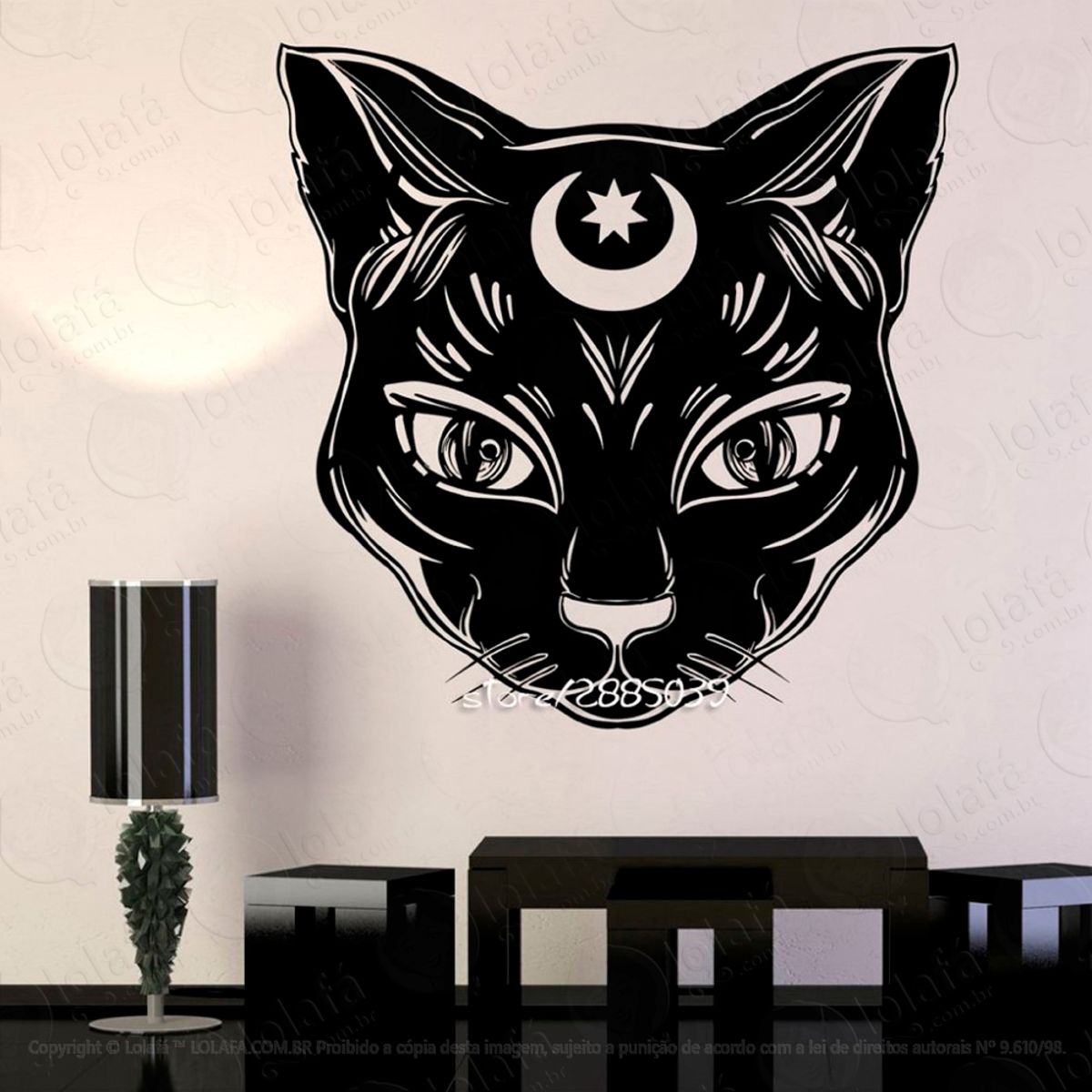 Gato Preto com Lua Adesivo de Parede Decorativo para Casa, Sala, Quarto e Vidro Mod:55