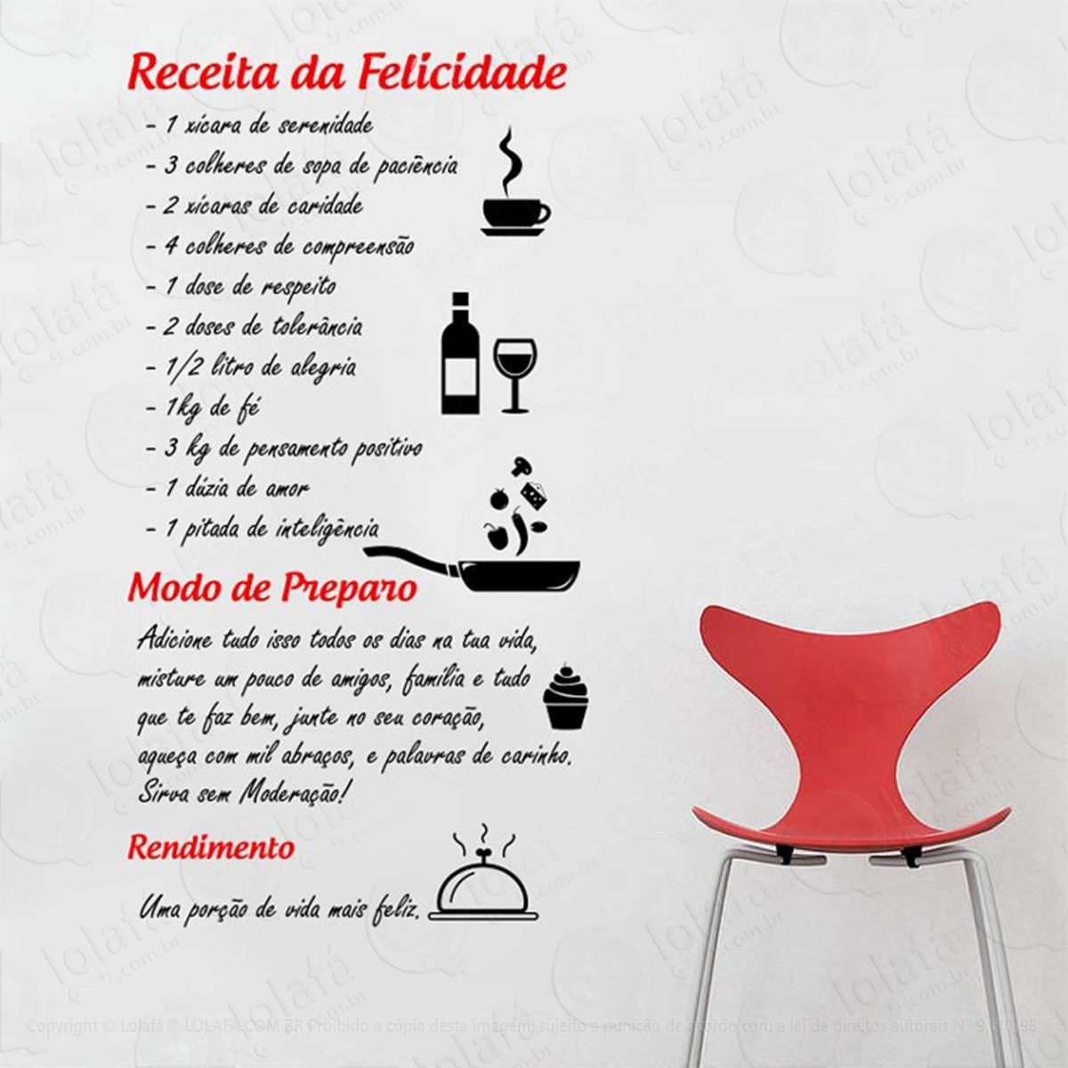 Receita Da Felicidade Adesivo de Parede Frase Personalizada para Sala, Quarto, Porta e Vidro Mod:35
