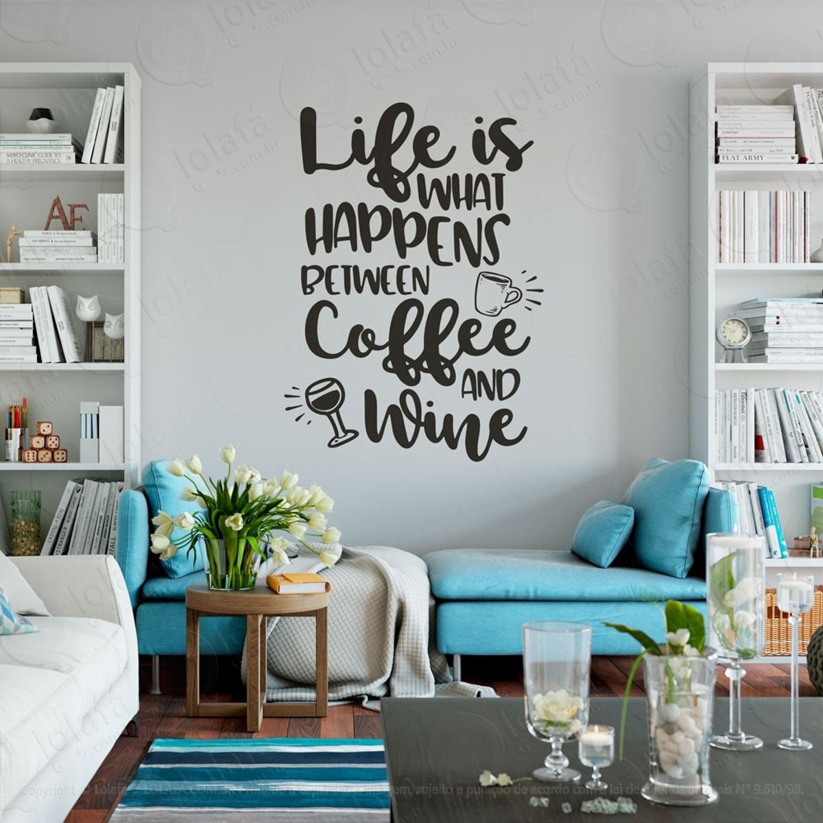 Coffee And Wine Adesivo de Parede Frase Personalizada para Sala, Quarto, Porta e Vidro Mod:49