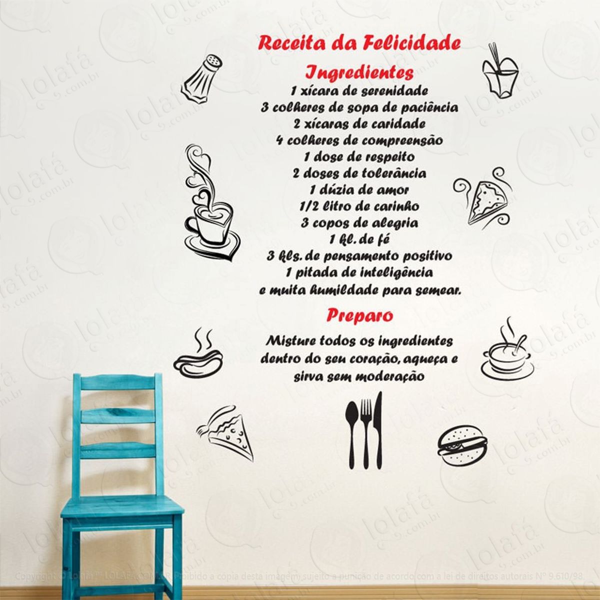 Receita Da Felicidade Adesivo de Parede Frase Personalizada para Sala, Quarto, Porta e Vidro Mod:76