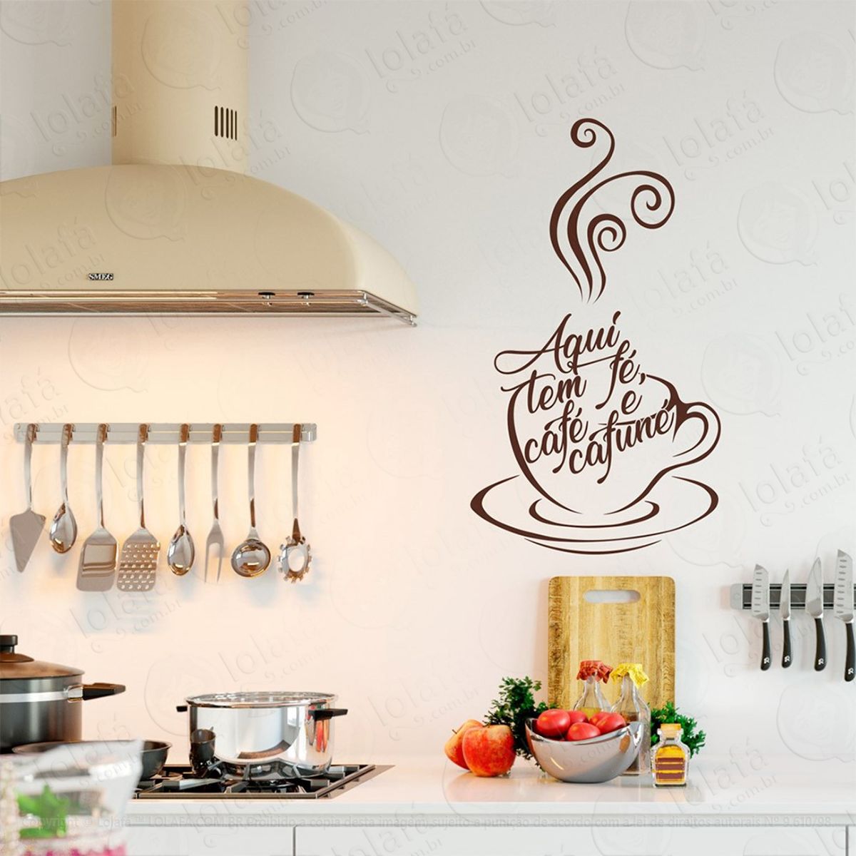 Aqui Tem Fé, Café E Adesivo de Parede Frase Personalizada para Sala, Quarto, Porta e Vidro Mod:80