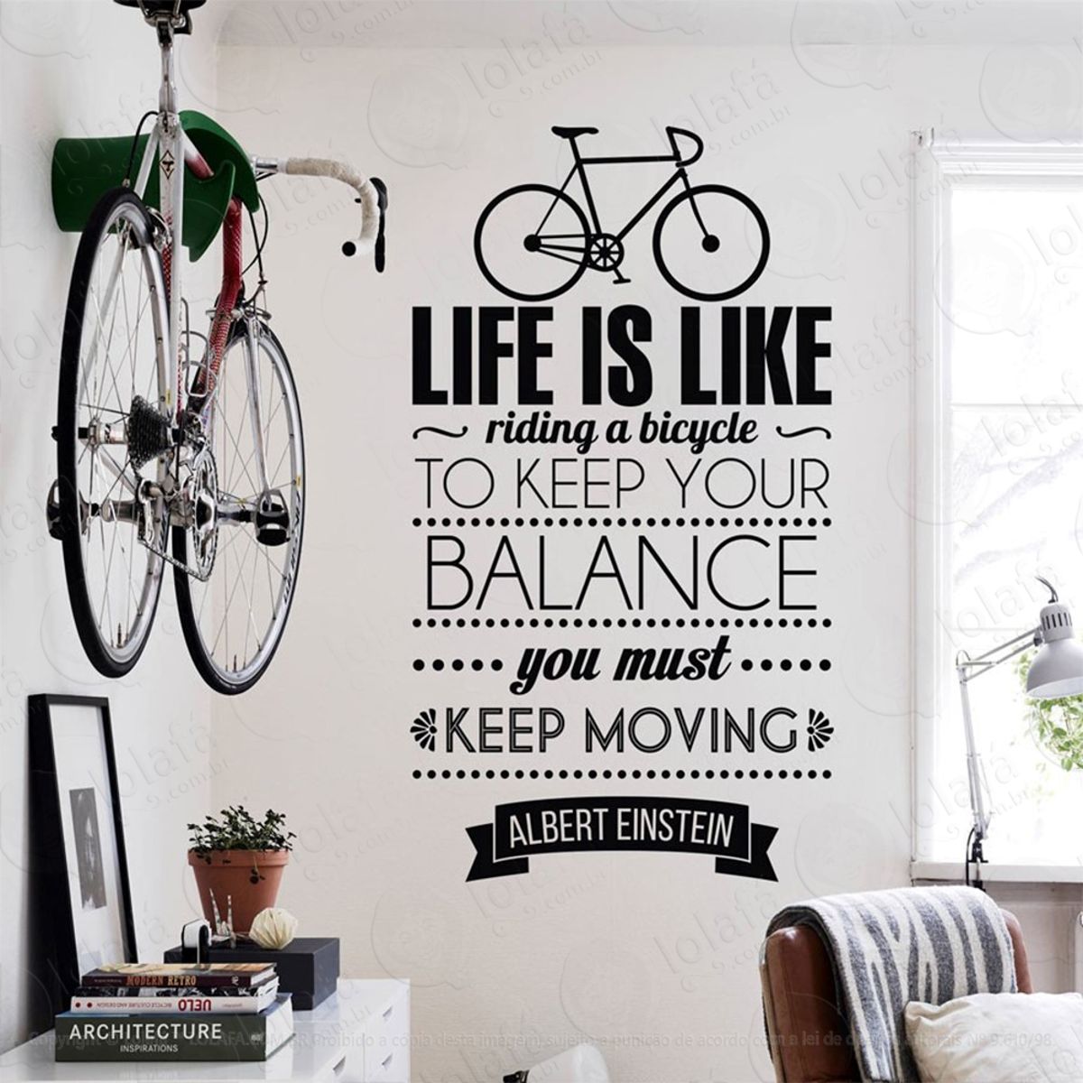 Life And Bicycle Adesivo de Parede Frase Personalizada para Sala, Quarto, Porta e Vidro Mod:103