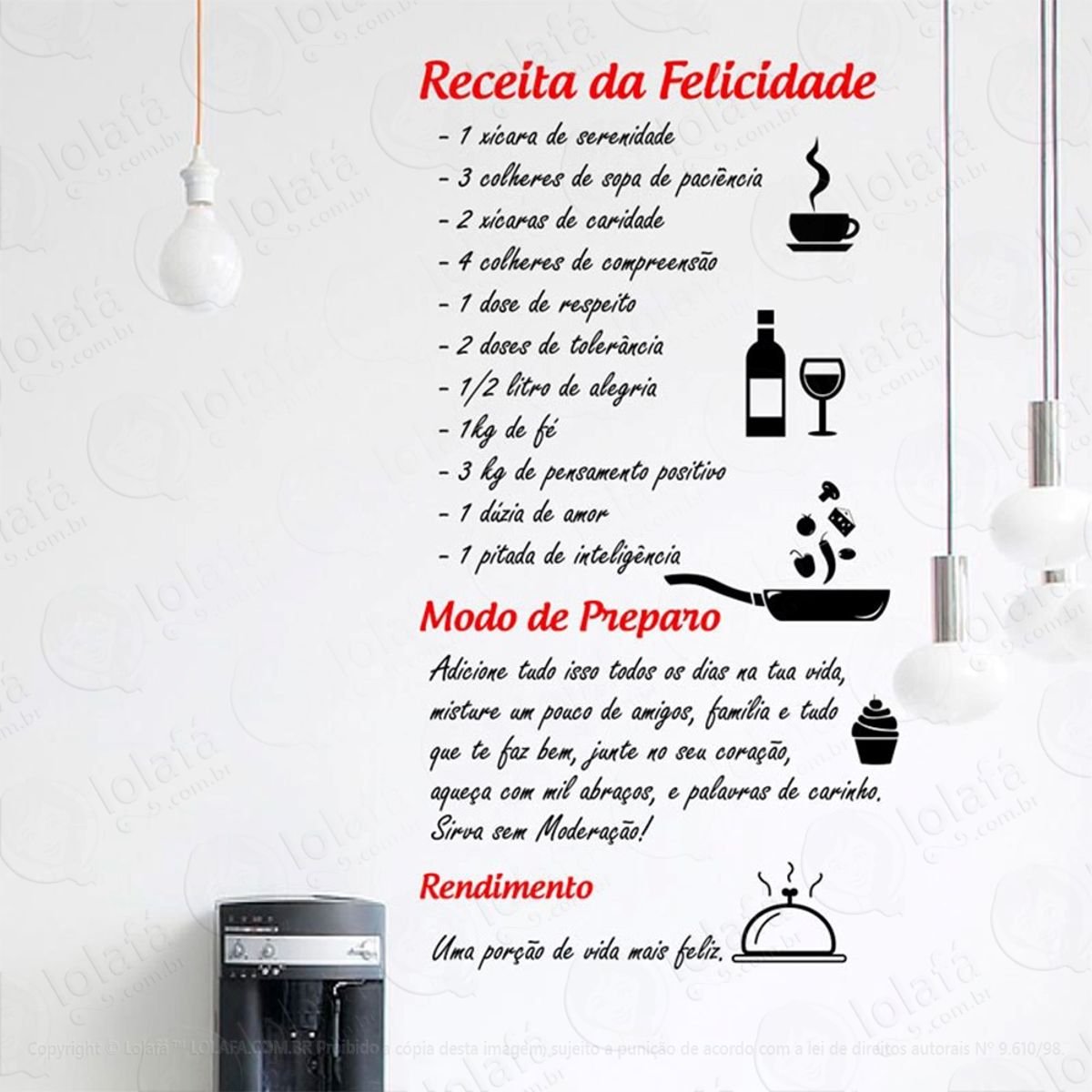 Receita Da Felicidade Adesivo de Parede Frase Personalizada para Sala, Quarto, Porta e Vidro Mod:140