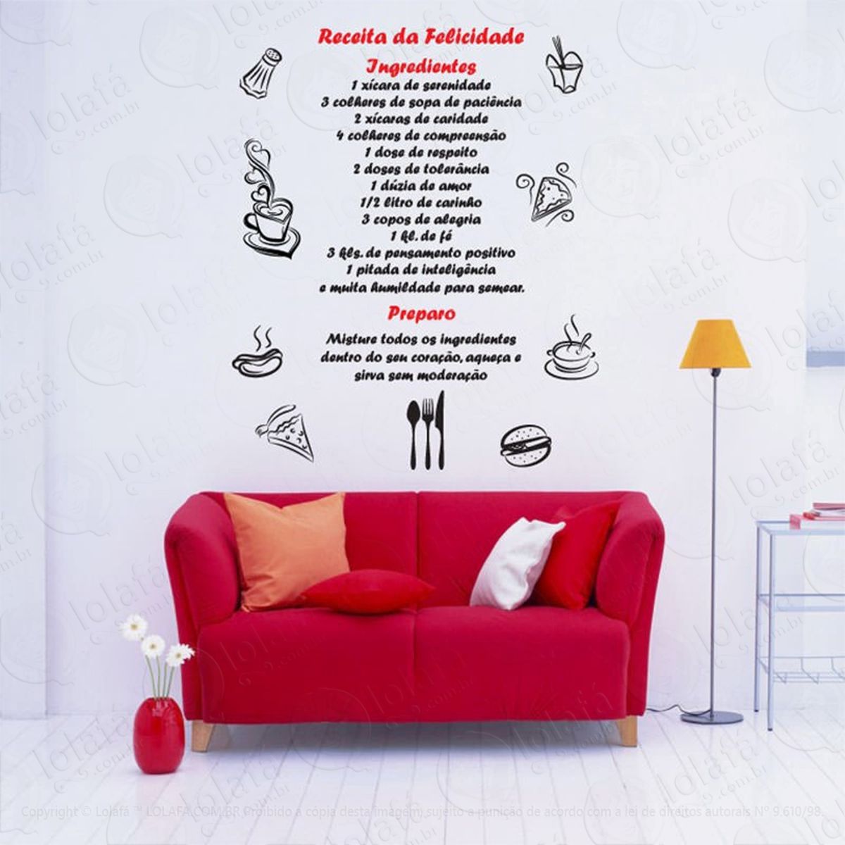 Receita Da Felicidade Adesivo de Parede Frase Personalizada para Sala, Quarto, Porta e Vidro Mod:179
