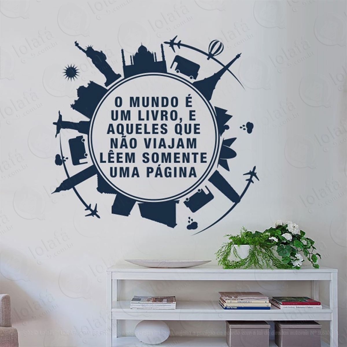 O Mundo É Um Livro Adesivo de Parede Frase Personalizada para Sala, Quarto, Porta e Vidro Mod:187