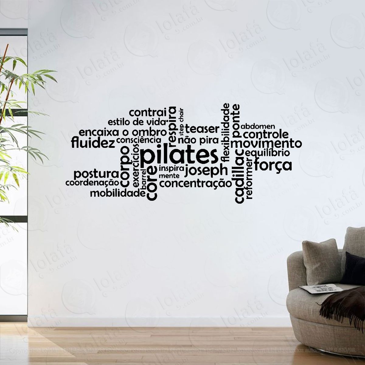 Adesivo Parede Sala Frase Pilates Academia Força Palavras Mod:6203