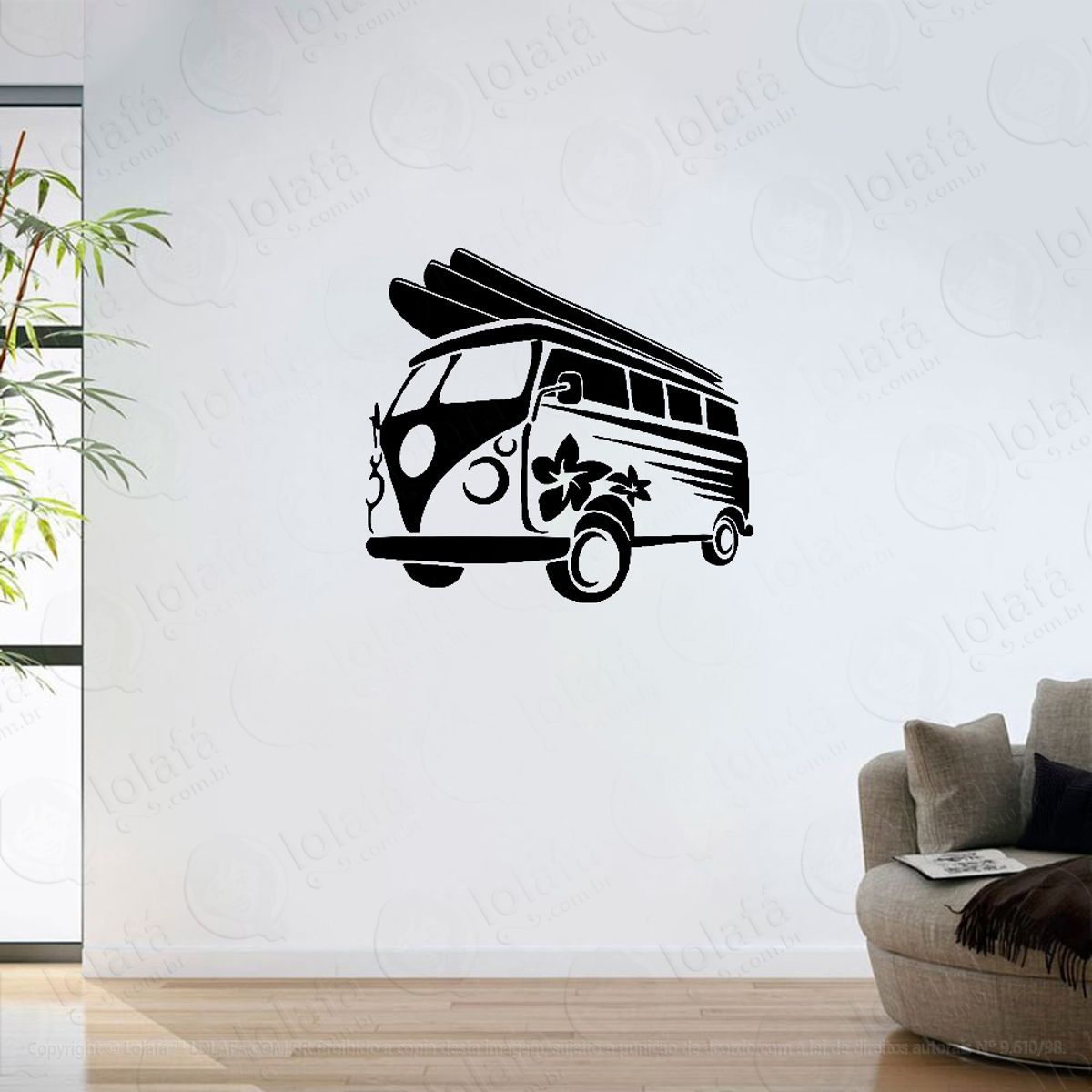 Adesivo Parede Sala Kombi Paz E Amor Praia E Surf Mod:6290