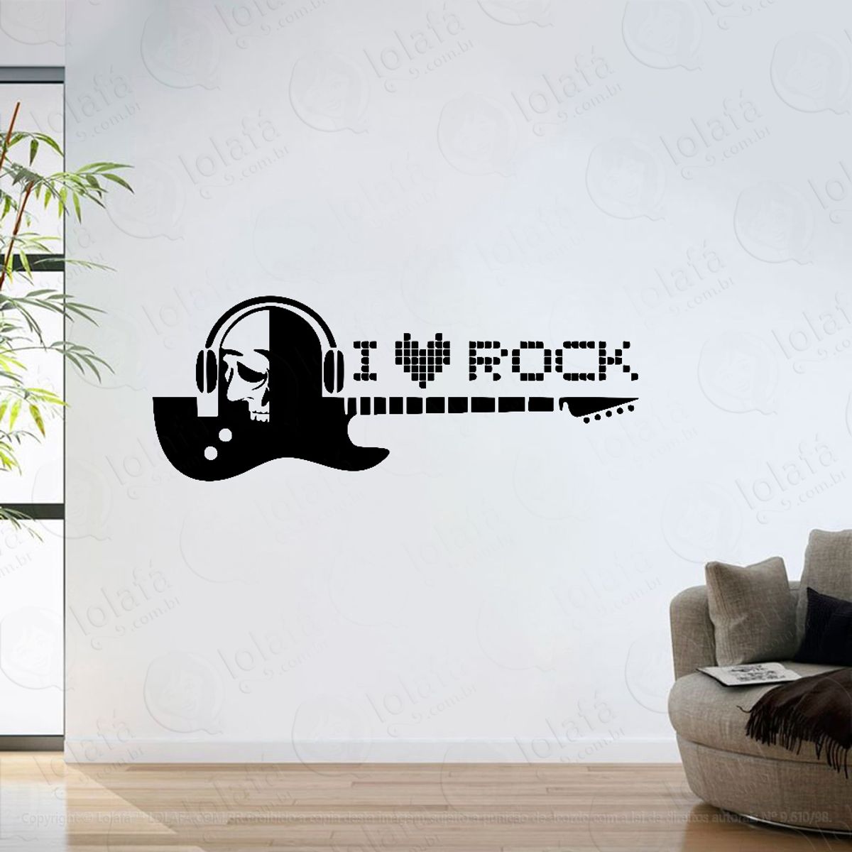 Adesivo Parede Sala Eu Amo Rock Guitarra E Caveira Mod:6332