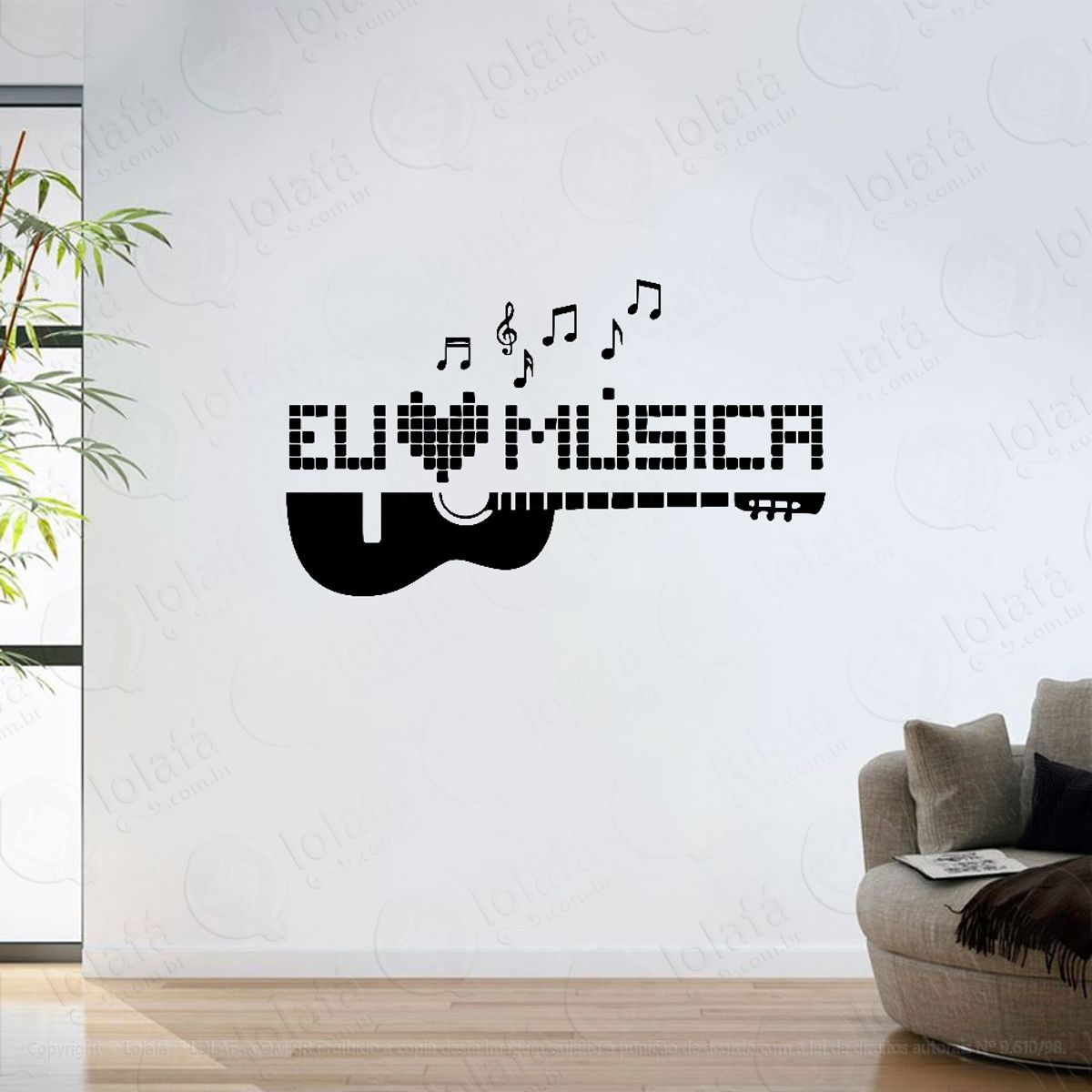 Adesivo Parede Sala Eu Amo Música Violão E Notas Mod:6353