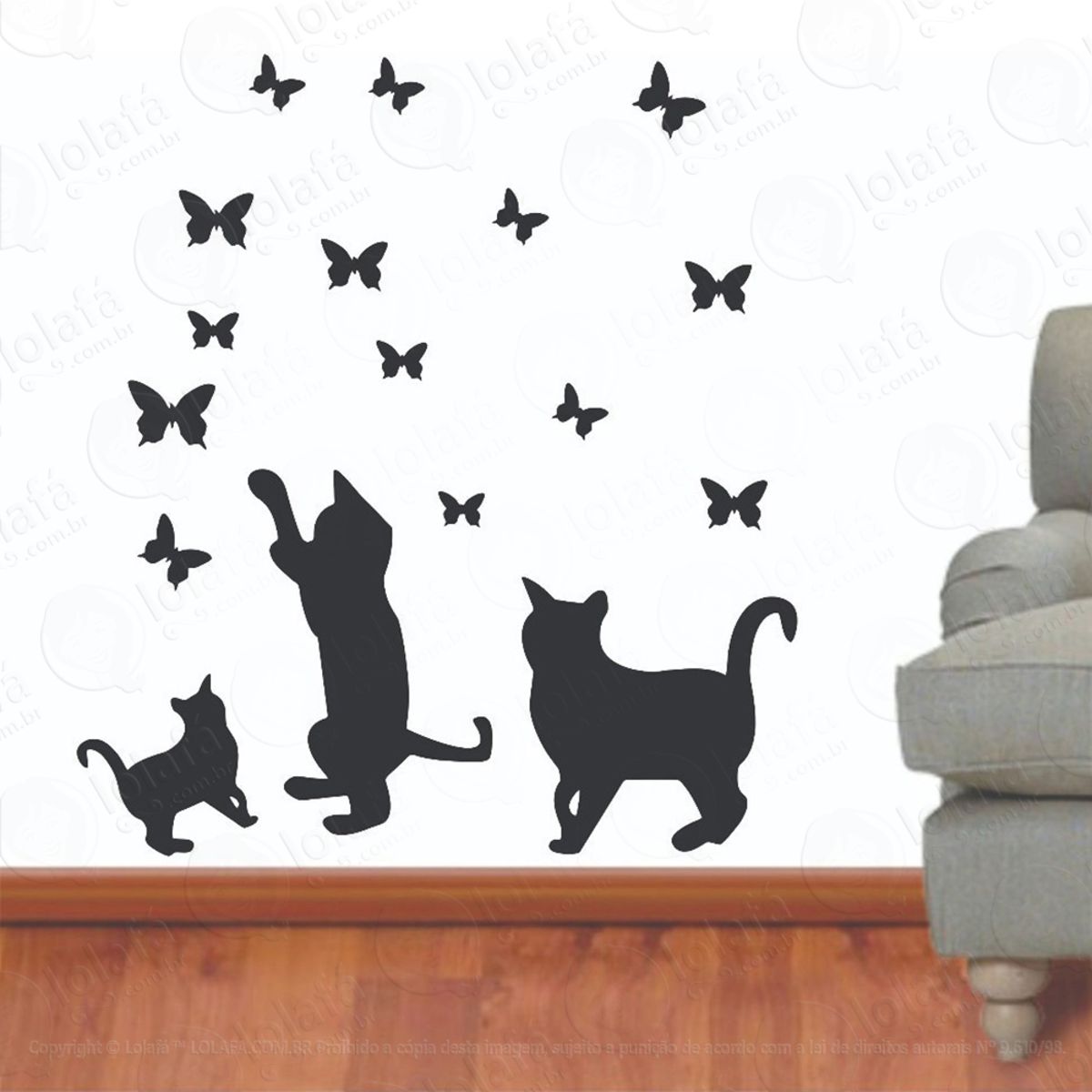 Adesivo Decorativo Parede Gatos Borboletas Bichos Animais Mod:4