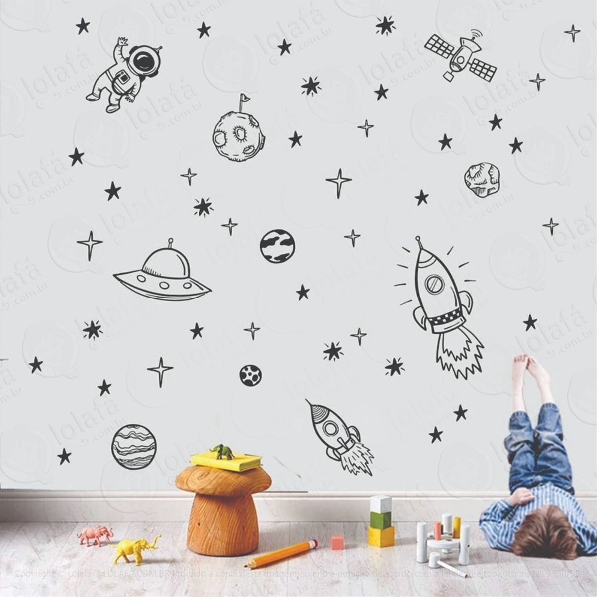 Adesivo Astronauta, Kit 100 Adesivos, Foguete, Planeta Mod:262