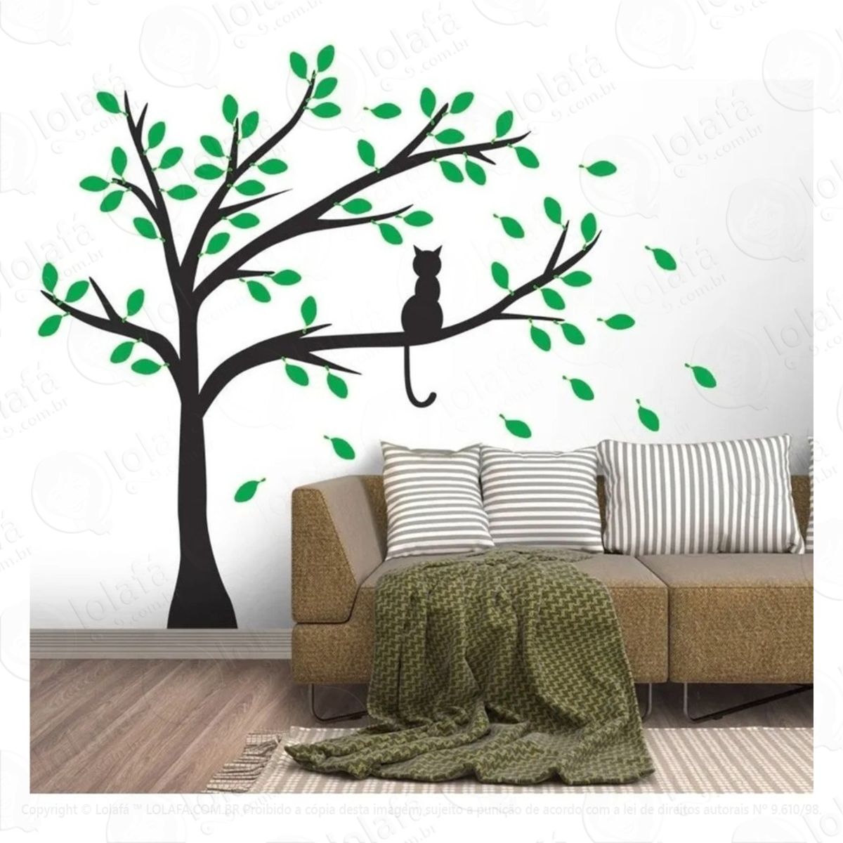 Adesivo Decorativo Parede Árvore Com Gatinho E Folhas Verdes Mod:729