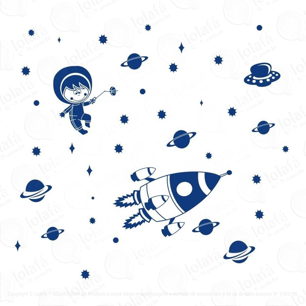 Kit Adesivos Parede Astronauta Estrela Lua Foguete Estrelas Mod:790