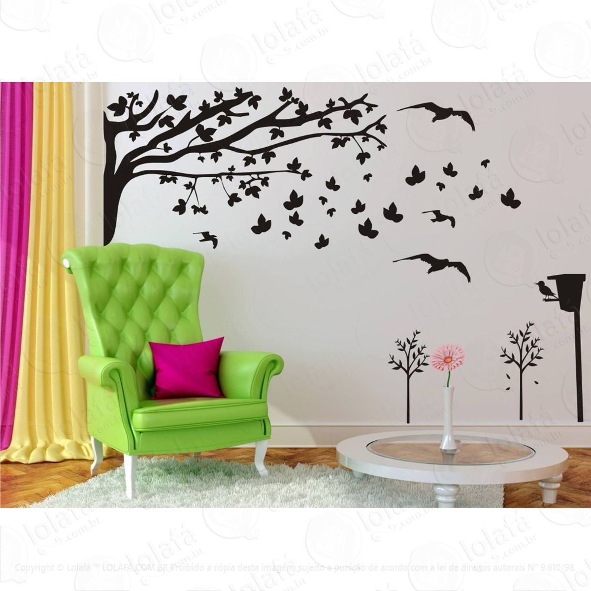 Adesivo De Parede Decoração Árvore Folha Caindo Galhos Pássa Mod:850