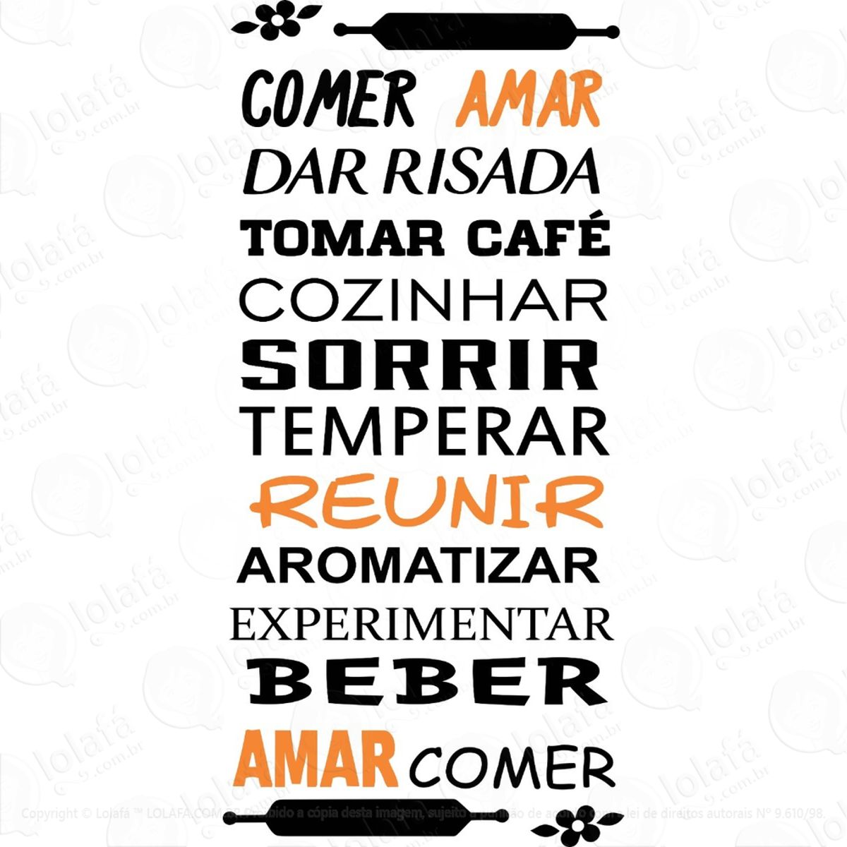 Adesivo Decorativo De Parede Cozinha Frase Amar Sorrir Comer Mod:1058