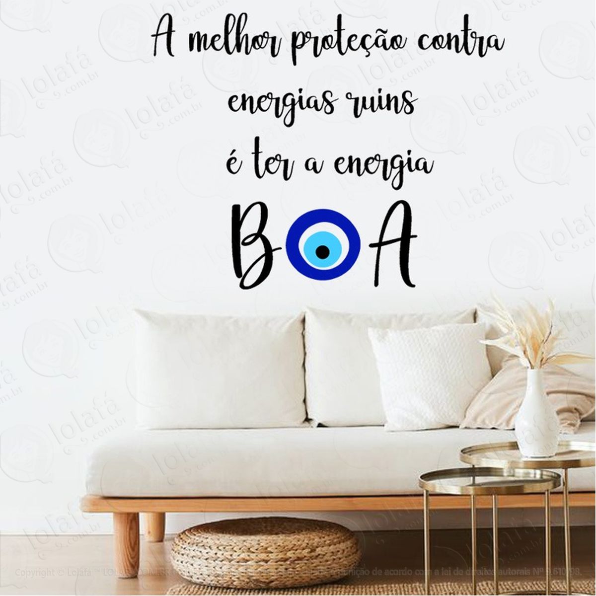 Adesivo De Parede Frase Positiva Energia Boa Olho Grego Mod:2213