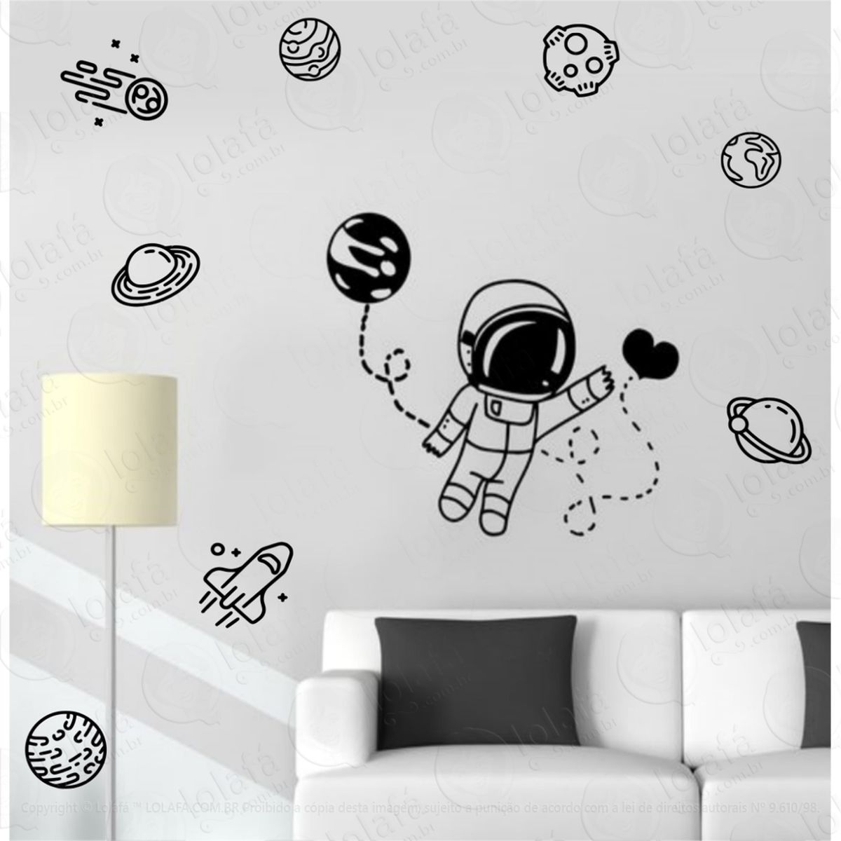Kit Astronauta Planetas Fofinho Adesivo De Parede Coração Mod:4307