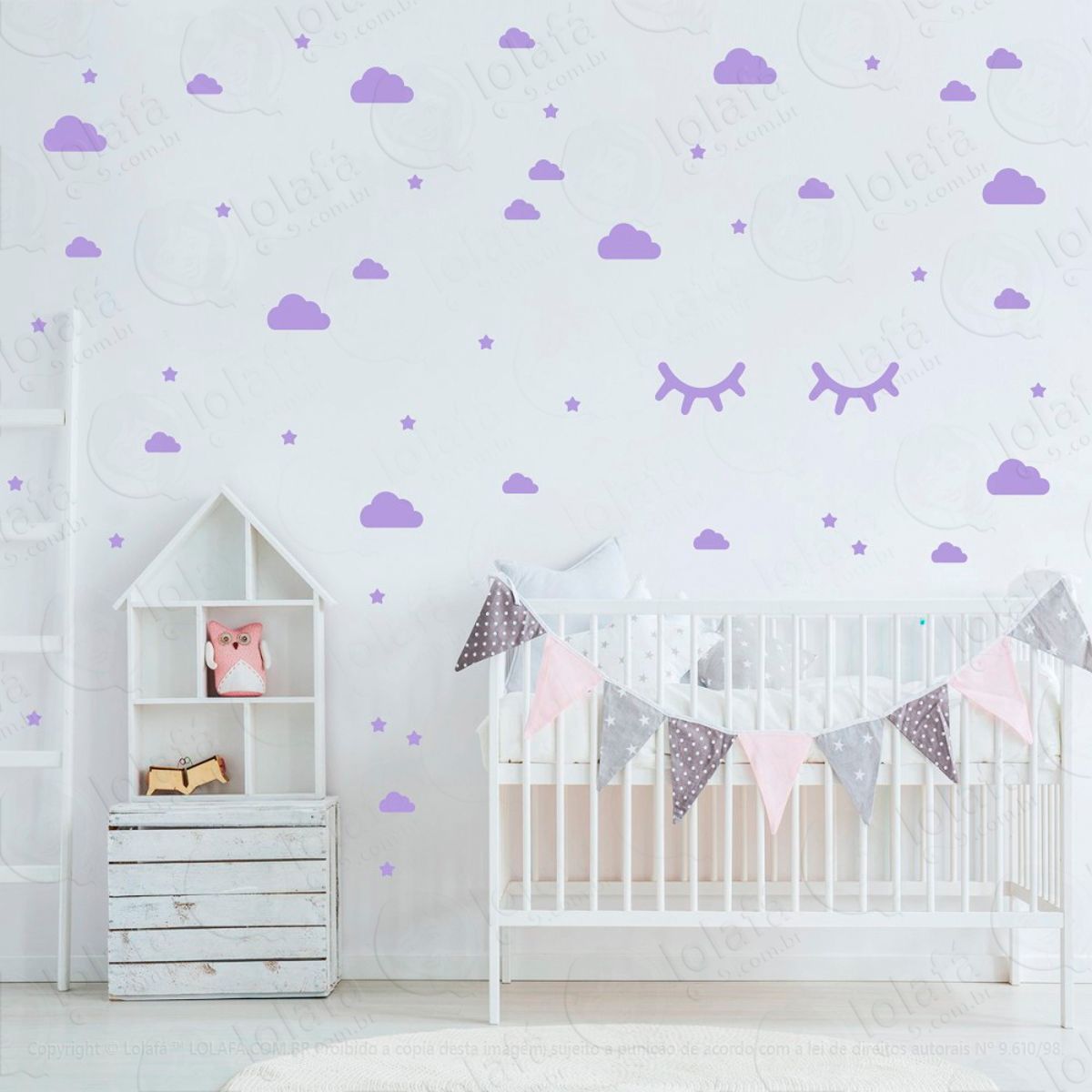 Adesivos Nuvens Cílios e Estrelas 79 Peças Adesivos para Quarto de Bebê Infantil Mod:96