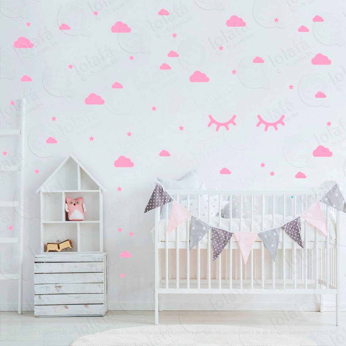 Adesivos Nuvens Cílios e Estrelas 79 Peças Adesivos para Quarto de Bebê Infantil Mod:97