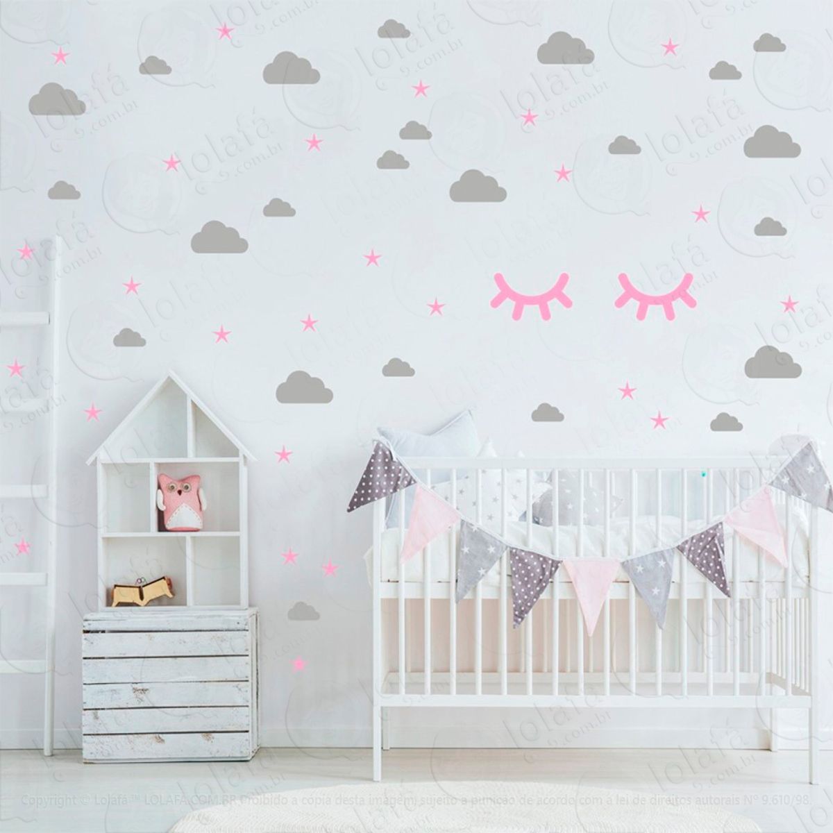 Adesivos Nuvens Cílios e Estrelas 76 Peças Adesivos para Quarto de Bebê Infantil Mod:99