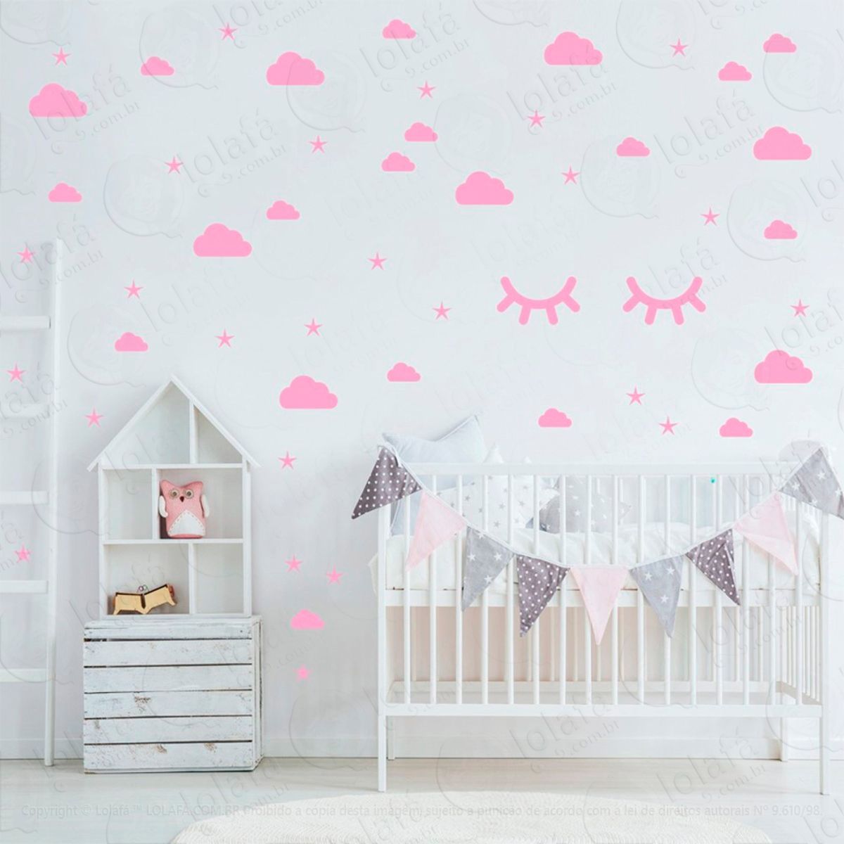 Adesivos Nuvens Cílios e Estrelas 76 Peças Adesivos para Quarto de Bebê Infantil Mod:101