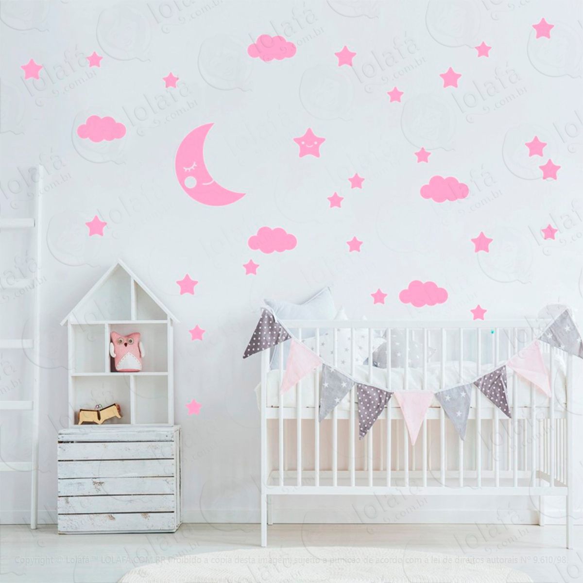 Adesivos Lua Nuvens e Estrelas 62 Peças Adesivos para Quarto de Bebê Infantil Mod:160