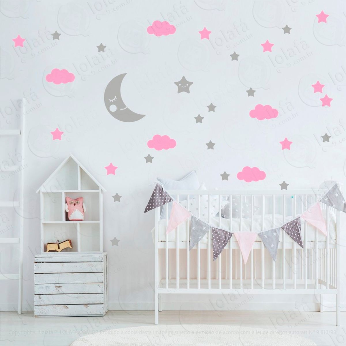 Adesivos Lua Nuvens e Estrelas 62 Peças Adesivos para Quarto de Bebê Infantil Mod:161
