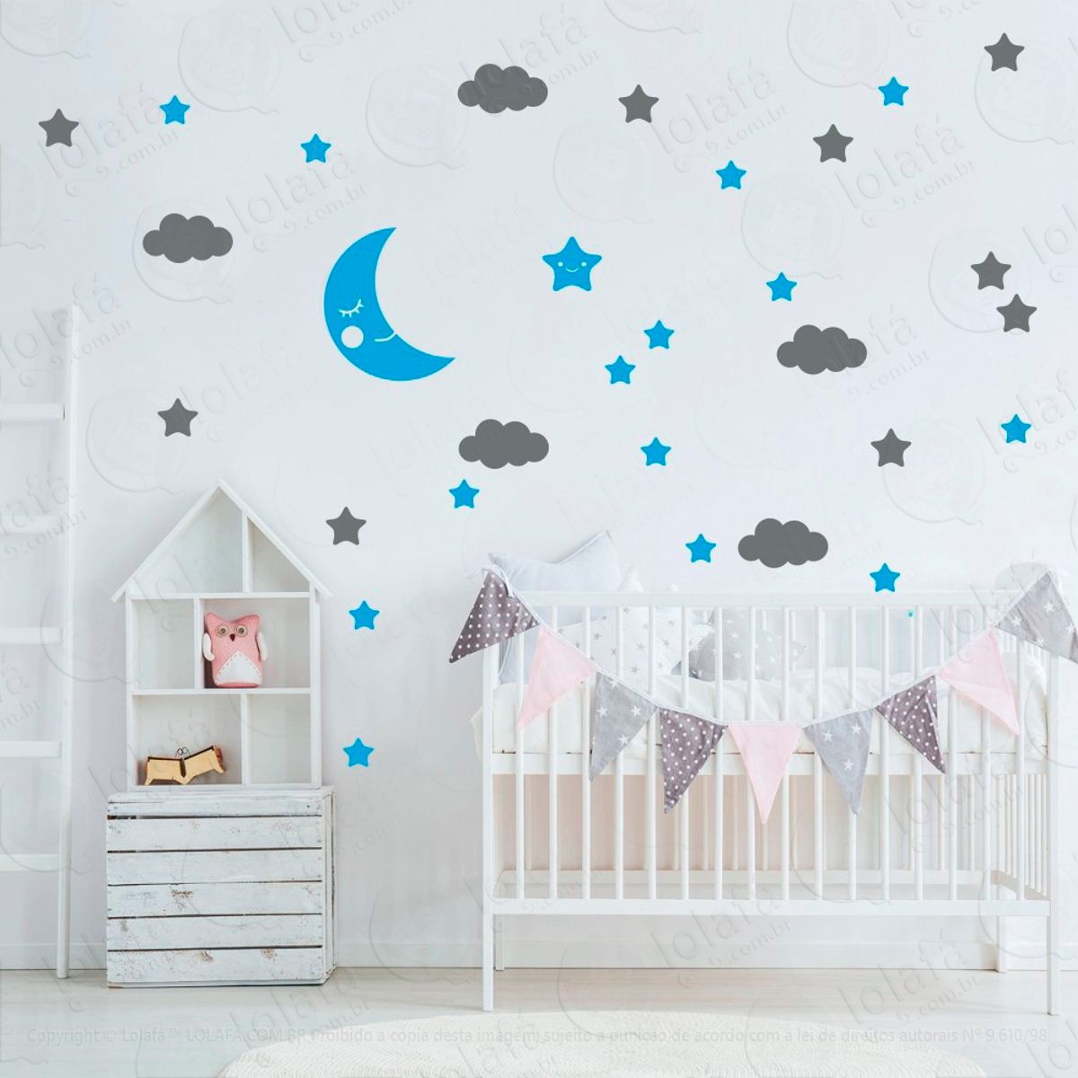 Adesivos Lua Nuvens e Estrelas 62 Peças Adesivos para Quarto de Bebê Infantil Mod:162