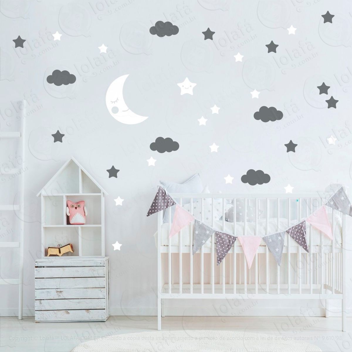 Adesivos Lua Nuvens e Estrelas 62 Peças Adesivos para Quarto de Bebê Infantil Mod:163