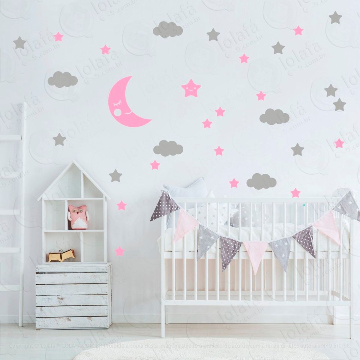 Adesivos Lua Nuvens e Estrelas 62 Peças Adesivos para Quarto de Bebê Infantil Mod:164