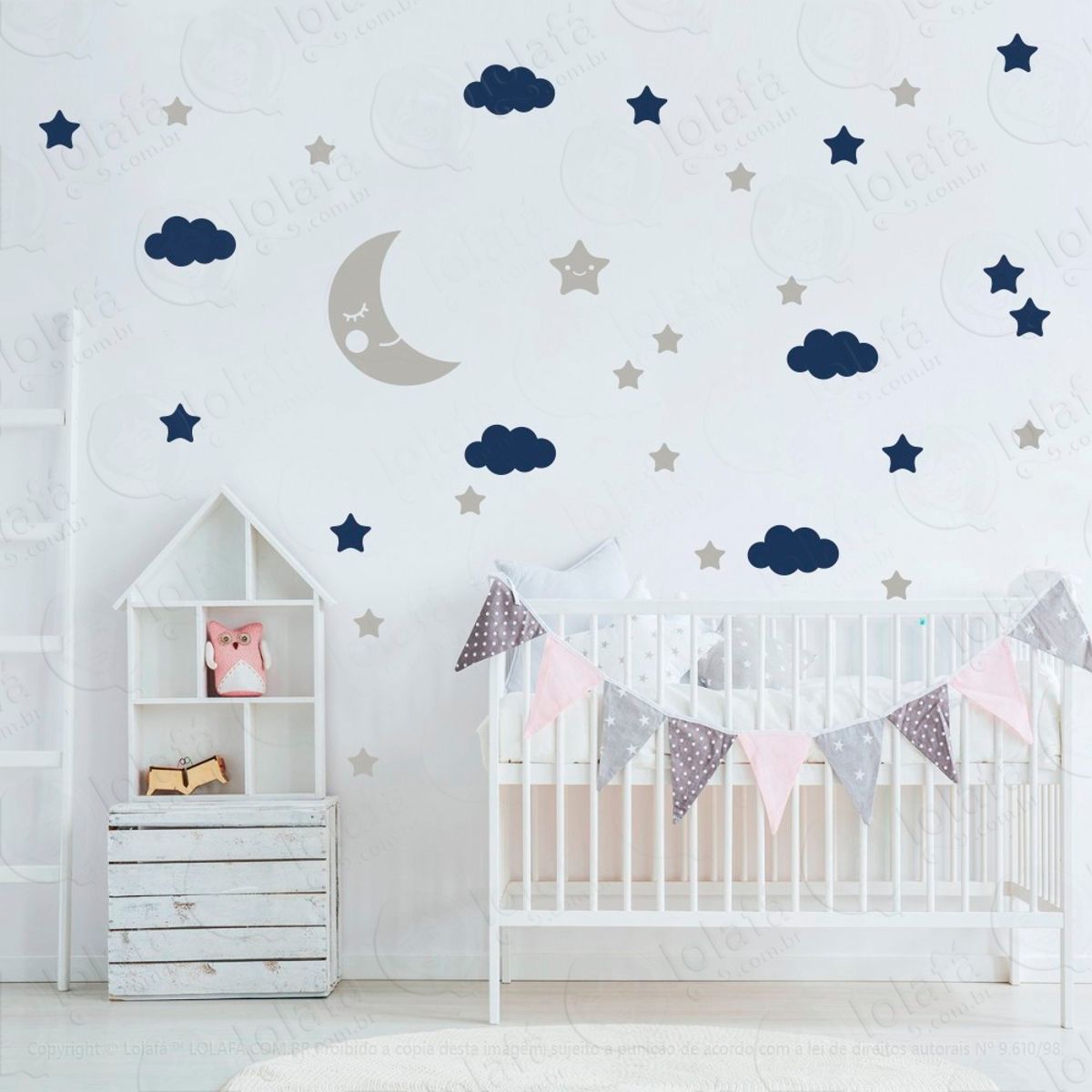 Adesivos Lua Nuvens e Estrelas 62 Peças Adesivos para Quarto de Bebê Infantil Mod:165