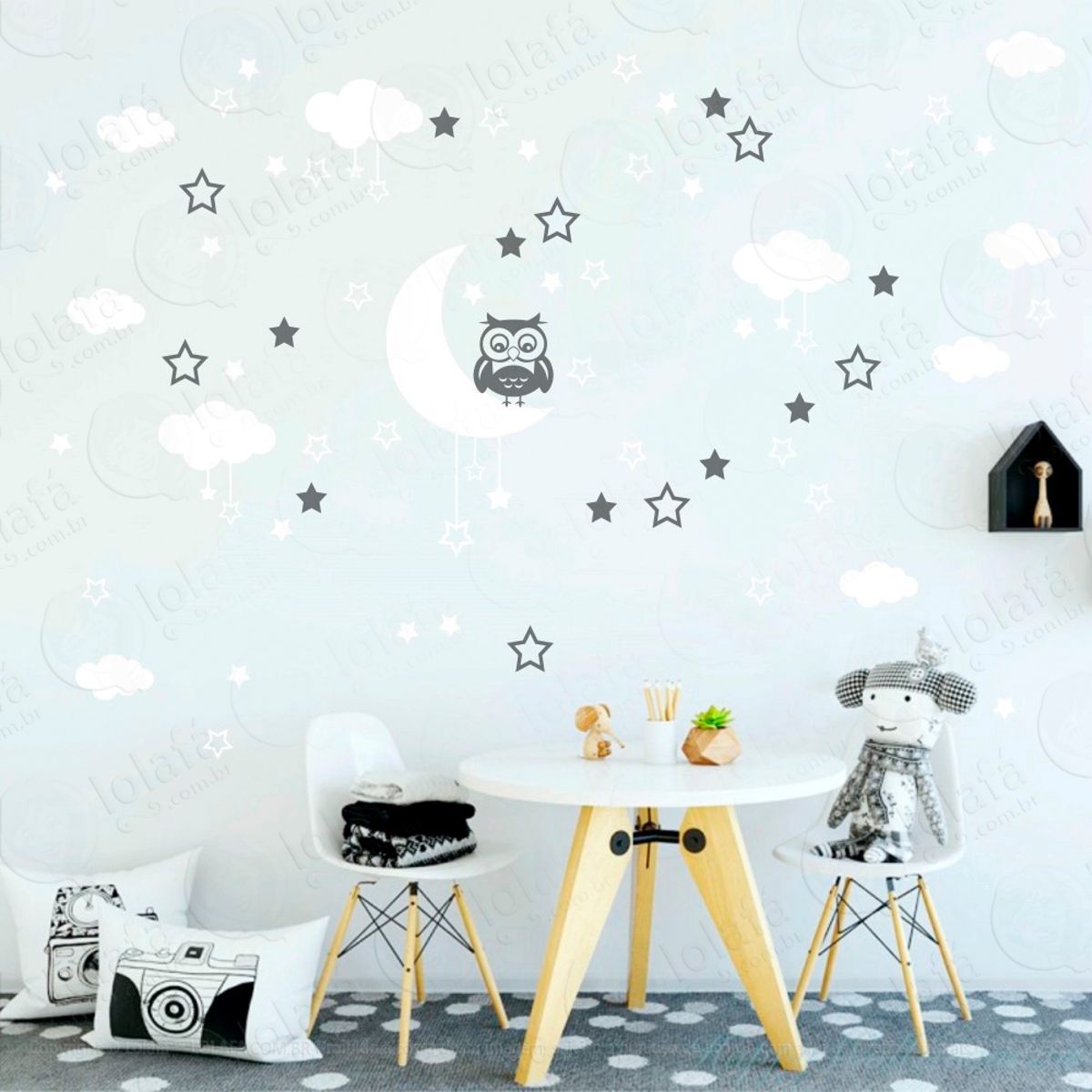 Adesivos Lua Nuvens Estrelas e Coruja 103 Peças Adesivos para Quarto de Bebê Infantil Mod:179