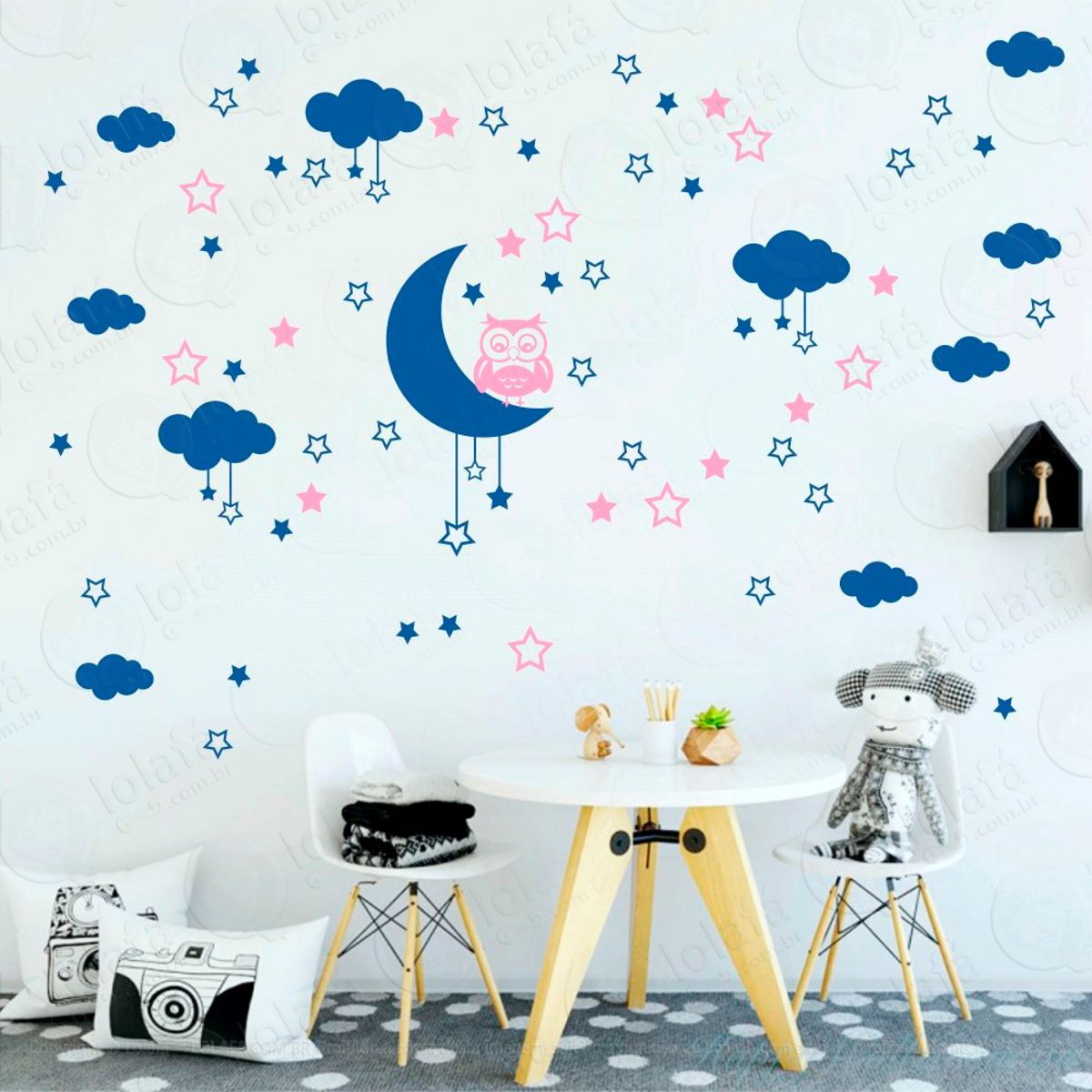 Adesivos Lua Nuvens Estrelas e Coruja 103 Peças Adesivos para Quarto de Bebê Infantil Mod:180