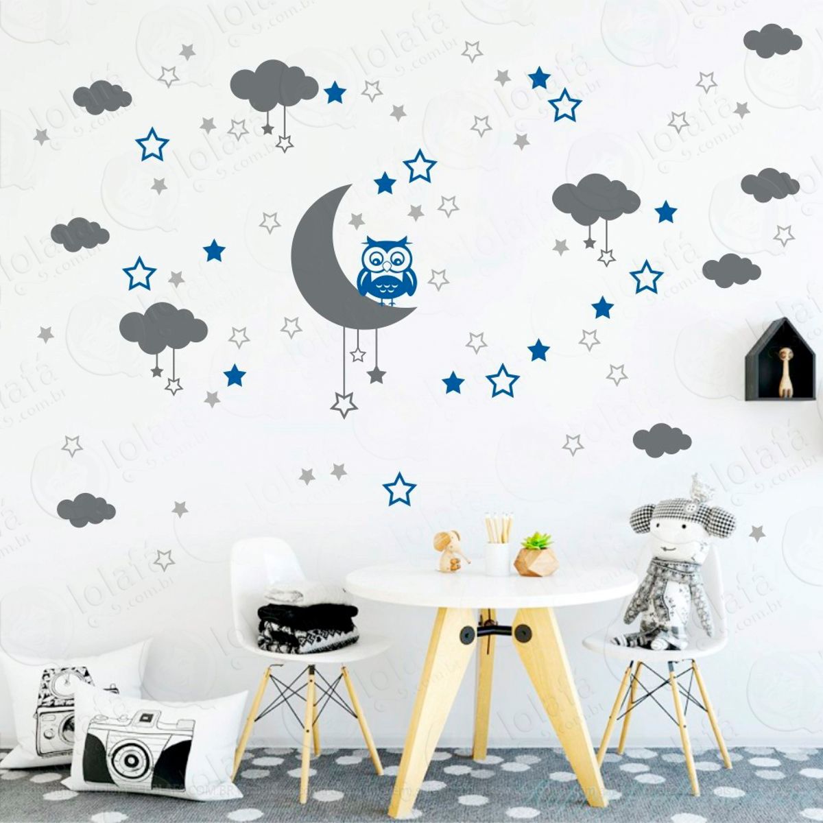 Adesivos Lua Nuvens Estrelas e Coruja 103 Peças Adesivos para Quarto de Bebê Infantil Mod:181