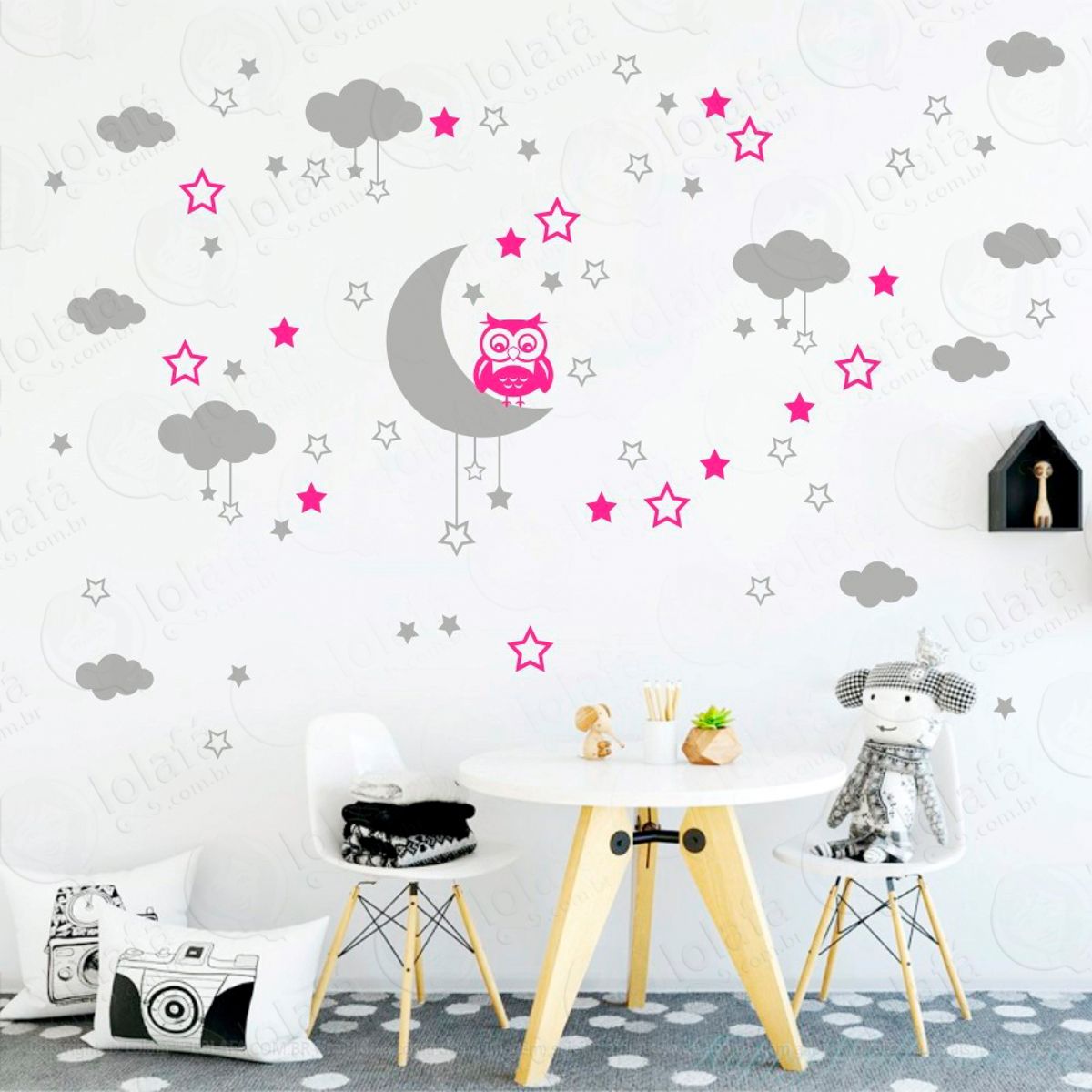 Adesivos Lua Nuvens Estrelas e Coruja 103 Peças Adesivos para Quarto de Bebê Infantil Mod:182