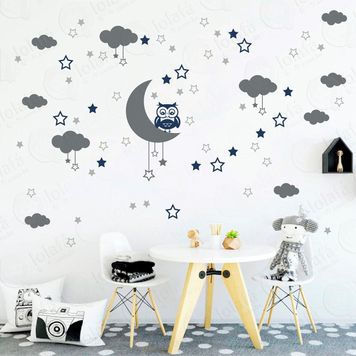 Adesivos Lua Nuvens Estrelas e Coruja 103 Peças Adesivos para Quarto de Bebê Infantil Mod:183
