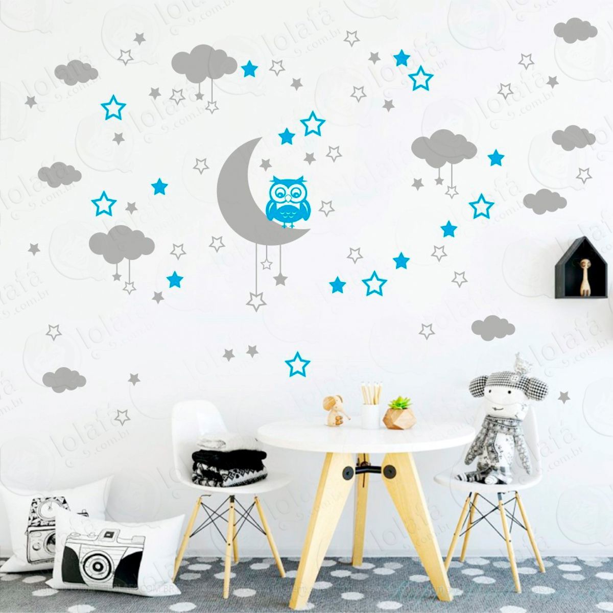 Adesivos Lua Nuvens Estrelas e Coruja 103 Peças Adesivos para Quarto de Bebê Infantil Mod:185