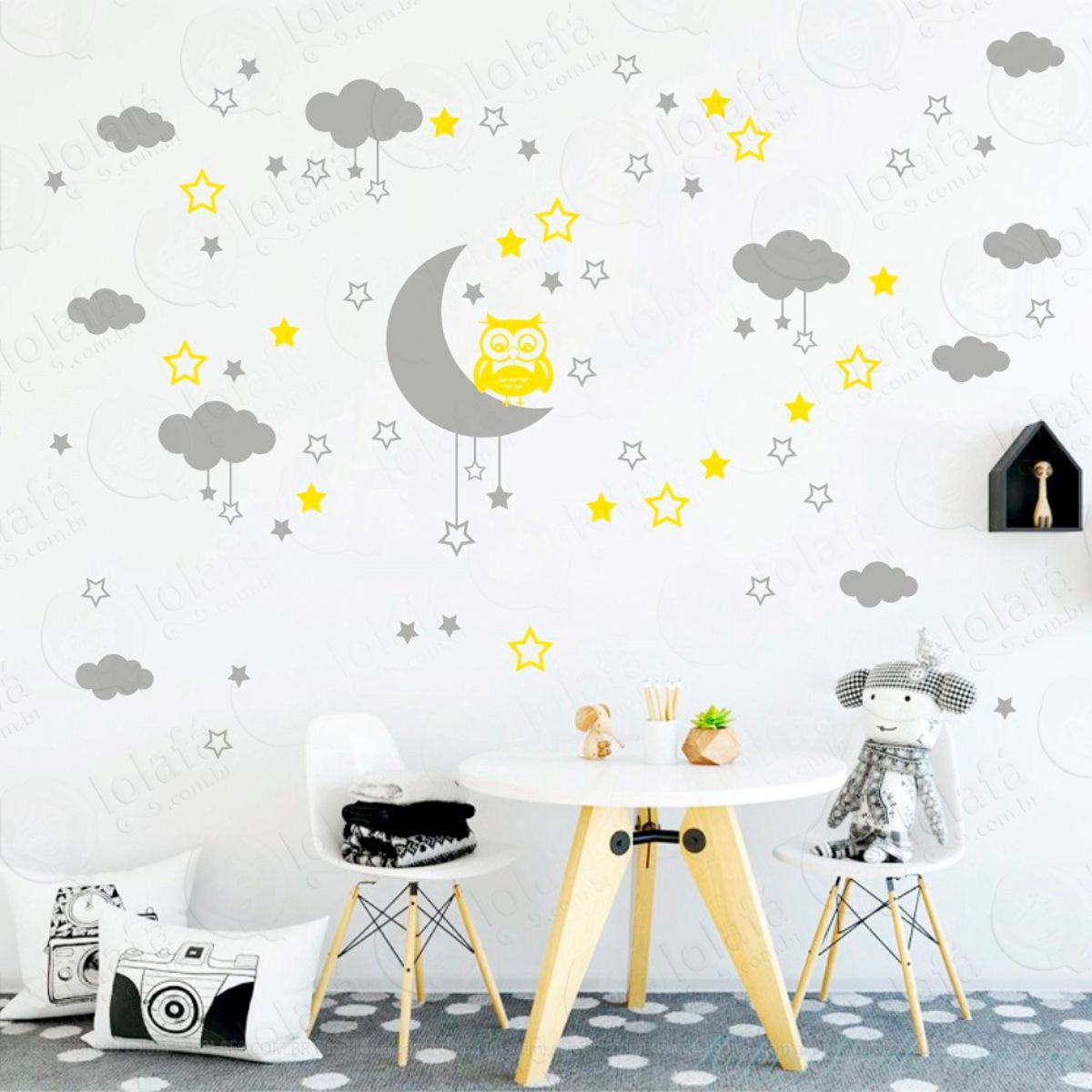 Adesivos Lua Nuvens Estrelas e Coruja 103 Peças Adesivos para Quarto de Bebê Infantil Mod:186