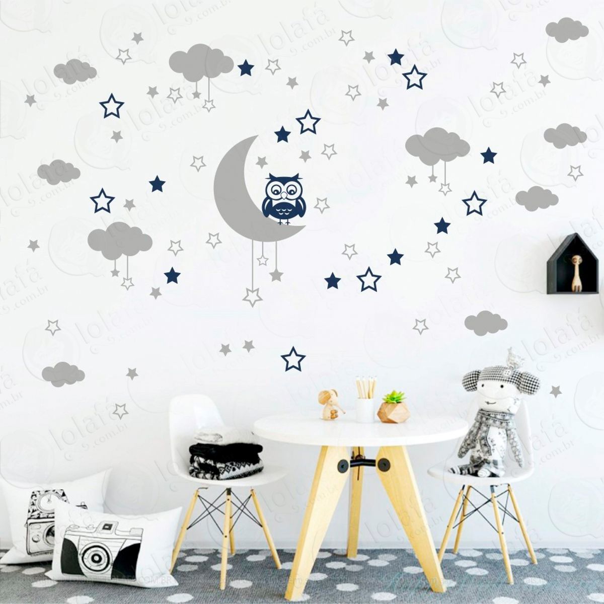 Adesivos Lua Nuvens Estrelas e Coruja 103 Peças Adesivos para Quarto de Bebê Infantil Mod:188