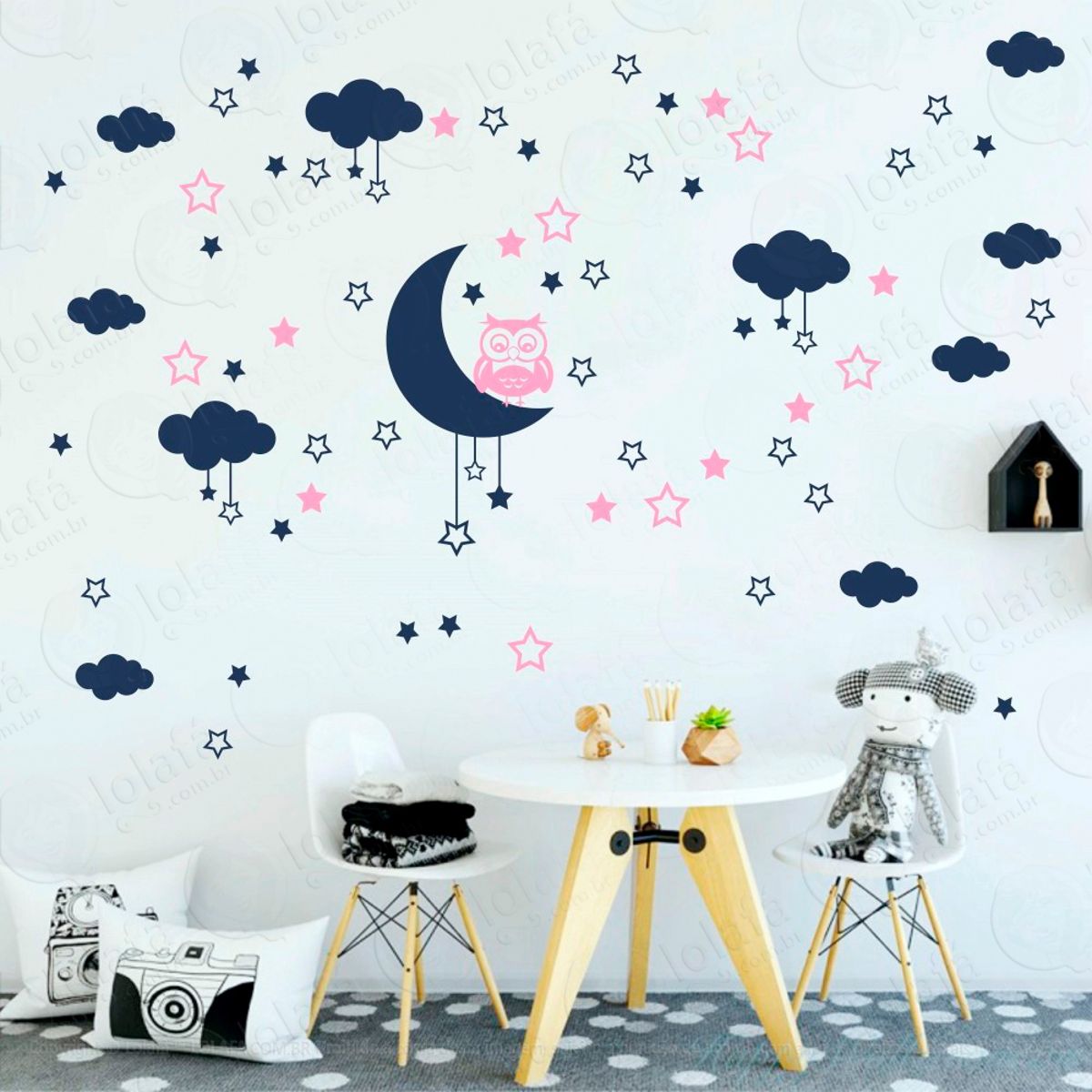 Adesivos Lua Nuvens Estrelas e Coruja 103 Peças Adesivos para Quarto de Bebê Infantil Mod:189