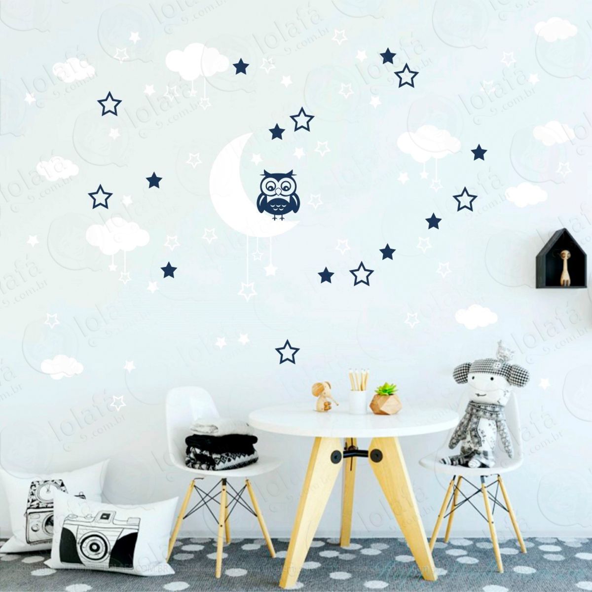 Adesivos Lua Nuvens Estrelas e Coruja 103 Peças Adesivos para Quarto de Bebê Infantil Mod:191