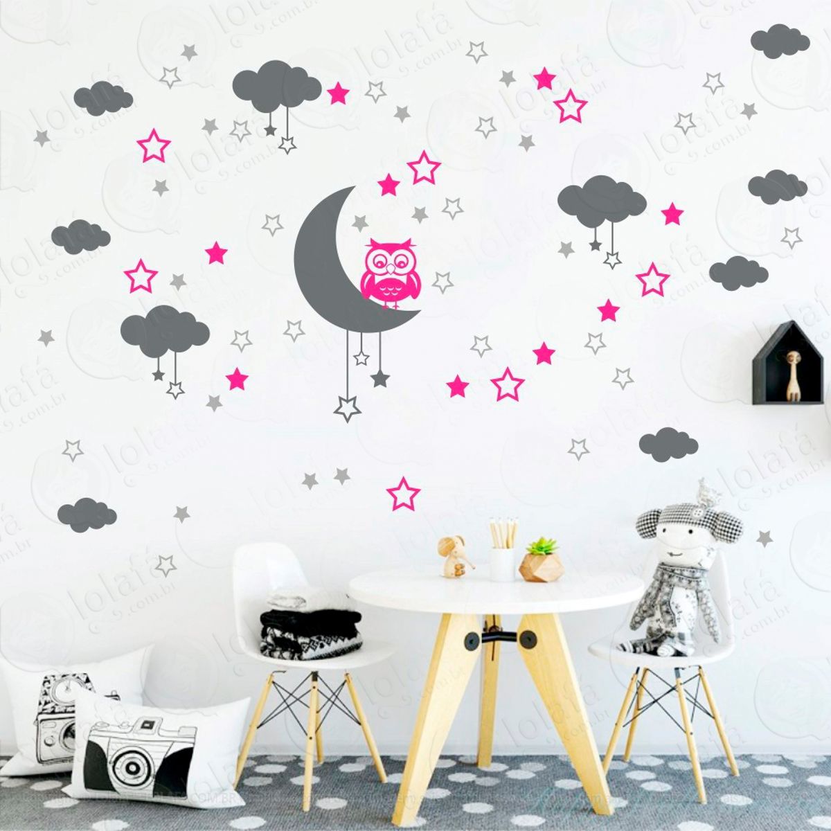 Adesivos Lua Nuvens Estrelas e Coruja 103 Peças Adesivos para Quarto de Bebê Infantil Mod:192