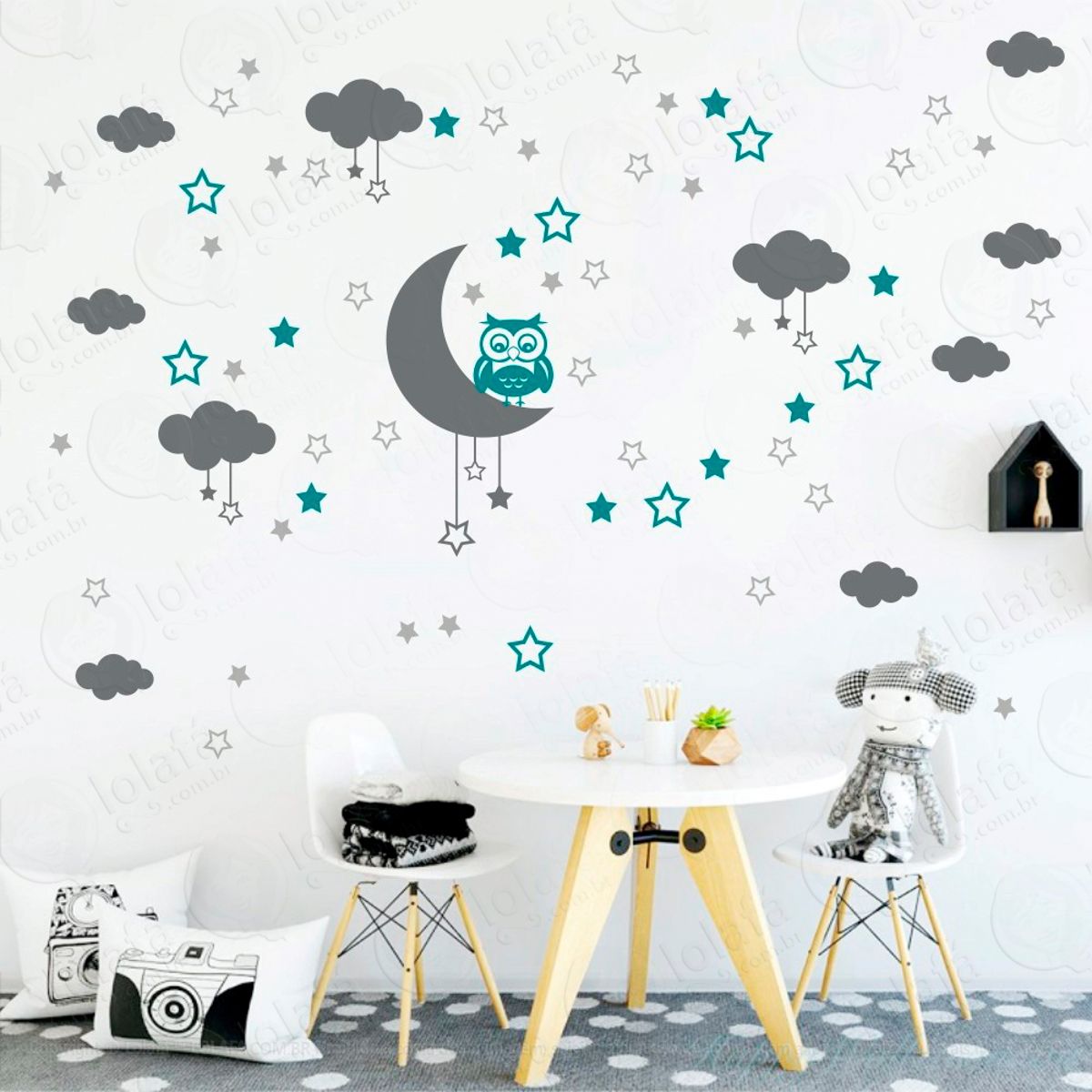 Adesivos Lua Nuvens Estrelas e Coruja 103 Peças Adesivos para Quarto de Bebê Infantil Mod:193