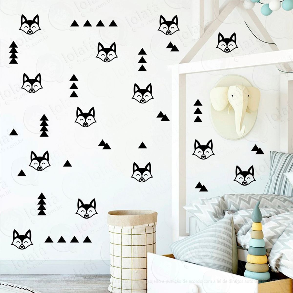 Adesivos Raposa e Triângulos 90 Peças Adesivos para Quarto de Bebê Infantil Mod:393