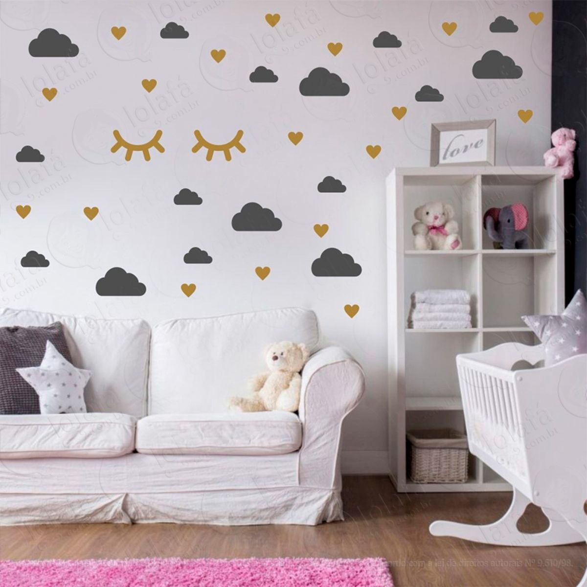 Adesivos Nuvens Cílios e Corações 78 Peças Adesivos para Quarto de Bebê Infantil Mod:541