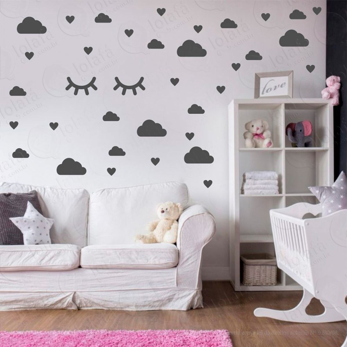 Adesivos Nuvens Cílios e Corações 78 Peças Adesivos para Quarto de Bebê Infantil Mod:542