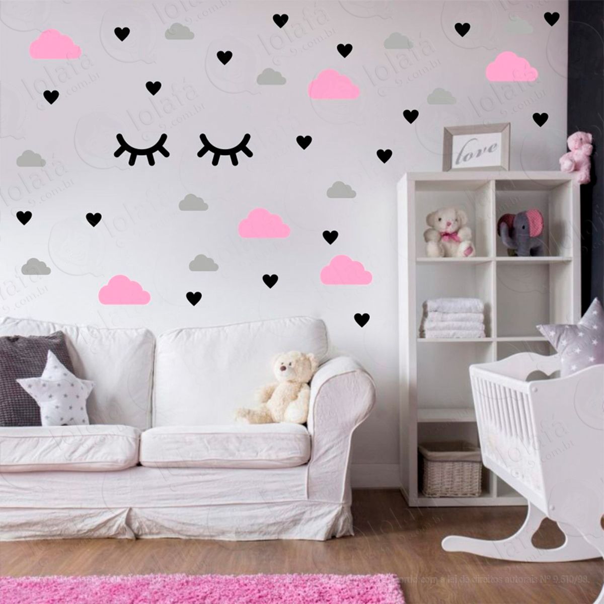 Adesivos Nuvens Cílios e Corações 78 Peças Adesivos para Quarto de Bebê Infantil Mod:547
