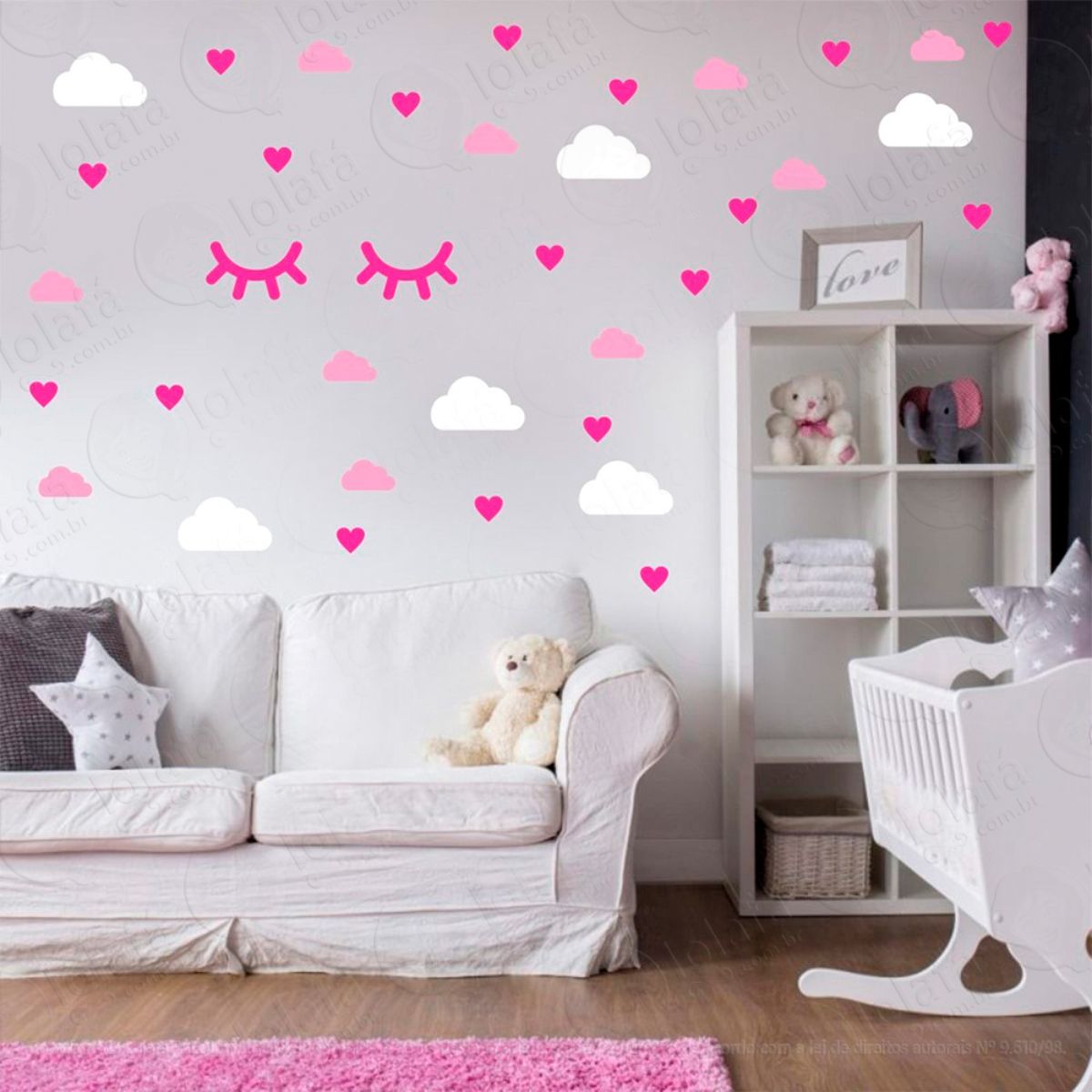 Adesivos Nuvens Cílios e Corações 78 Peças Adesivos para Quarto de Bebê Infantil Mod:550