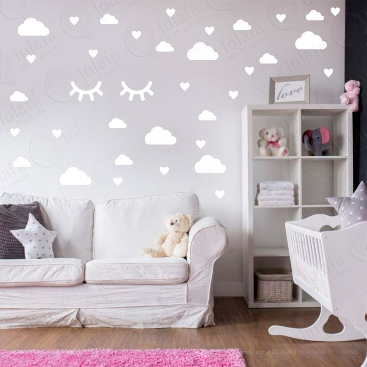 Adesivos Nuvens Cílios e Corações 78 Peças Adesivos para Quarto de Bebê Infantil Mod:554