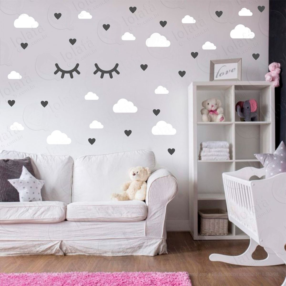 Adesivos Nuvens Cílios e Corações 78 Peças Adesivos para Quarto de Bebê Infantil Mod:555